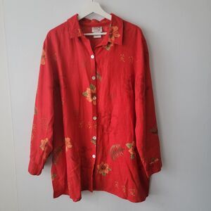 Red wear relaxen joy‎ dream womens  floral 100% linen tunck top size L Lagenlook